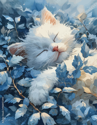 Peaceful Sleep: A White Cat Dreams Amongst Blossoms