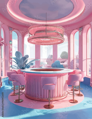 Pink and Blue Futuristic Bar with Hanging Light and Seating