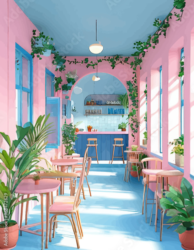 Pink and Blue Restaurant Interior with Plants