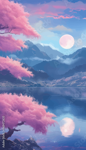 Pink Cherry Blossom Tree Reflection on Calm Lake at Sunset