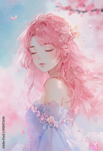 Pink-haired girl with flowers in her hair, dreaming in a floral fantasy
