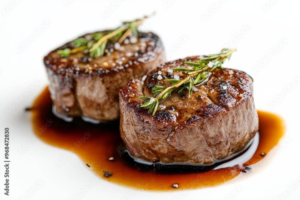 Two perfectly cooked filet mignon steaks, seasoned with peppercorns and adorned with fresh thyme sprigs, rest on a bed of rich brown sauce. This image captures the essence of fine dining, with its ele Two perfectly cooked filet mignon steaks, seasoned with peppercorns and adorned with fresh thyme sprigs, rest on a bed of rich brown sauce. This image captures the essence of fine dining, with its ele