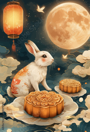 Rabbit with cakes on a plate, under a full moon, with a lantern in the background
