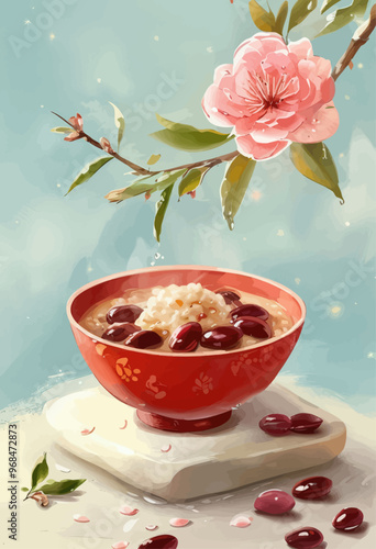 Red Bowl of Sweet Rice with Berries and Leaves