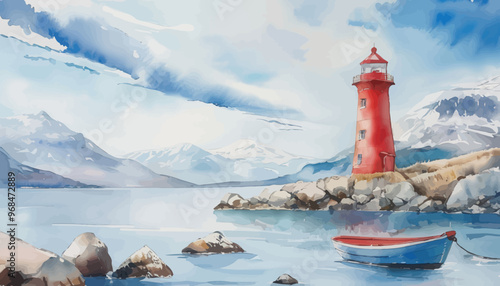 Red Lighthouse on Rocky Shore with Boat