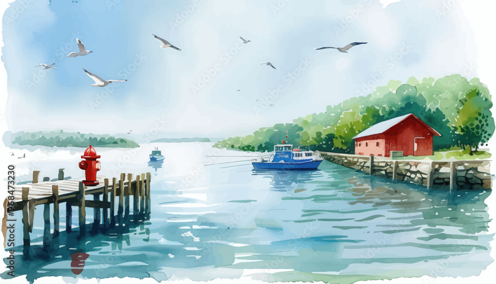 Serene Harbor Scene with Boat and Birds Serene Harbor Scene with Boat and Birds