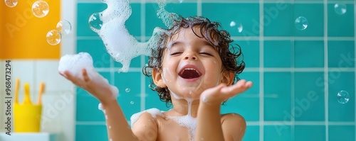 A joyful child plays with bubbles in a bathroom, spreading happiness and fun during bath time with colorful tiles in the background.
