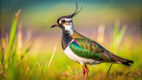 Close-up photo of a Northern Lapwing standing in a grassy field, bird, wildlife, nature