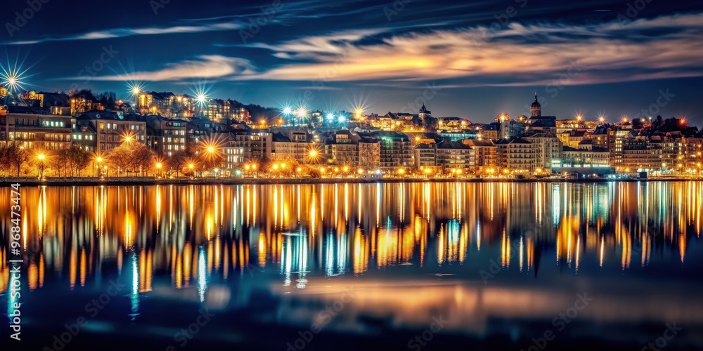 Fototapeta premium City lights shine bright in the dark night, reflecting on the quiet streets below , urban, nightlife, cityscape