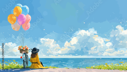 Serene Seaside Escape with Balloons and Bicycle