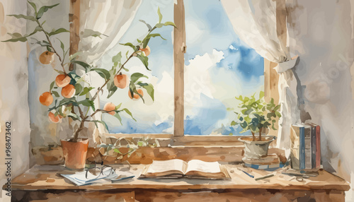 Serene Study Nook with Orange Blossoms and Books