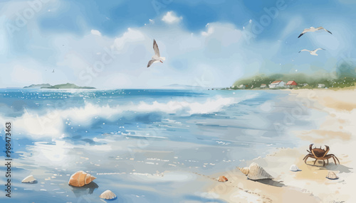 Serene Seaside Scene with Birds, Shells, and a Crab