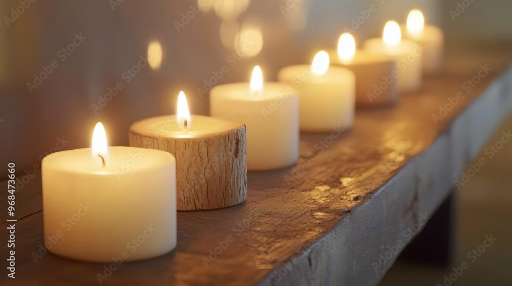 A serene image of several candles lined up on a wooden table, each flame gently flickering, creating a peaceful, meditative atmosphere for a subtle, calming wallpaper. A serene image of several candles lined up on a wooden table, each flame gently flickering, creating a peaceful, meditative atmosphere for a subtle, calming wallpaper.