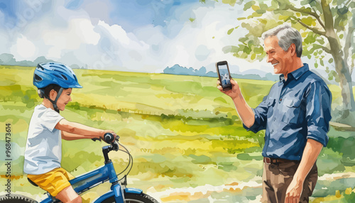 Smiling Father Taking Photo of Child Riding Bicycle