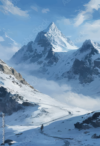 Snowy mountain landscape with a lone figure on a path