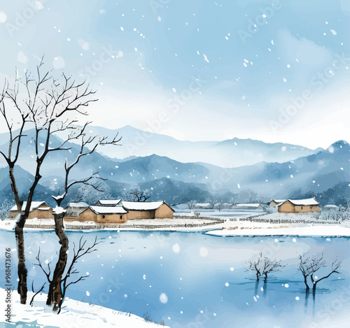 Snowy village by the lake