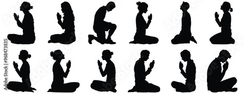 Prayer silhouettes set, faith pack of vector silhouette design, isolated background