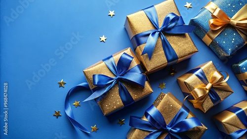 Blue and gold gifts with bows and ribbons on blue background