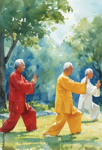 Three elderly men practicing Tai Chi in a park