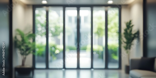 Blurred interior of modern living room with glass door and window.