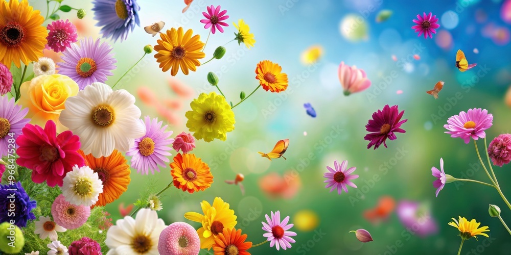 Background of colorful flowers flying in the air, floral, nature, vibrant, petals, movement, floating, dynamic, spring Background of colorful flowers flying in the air, floral, nature, vibrant, petals, movement, floating, dynamic, spring