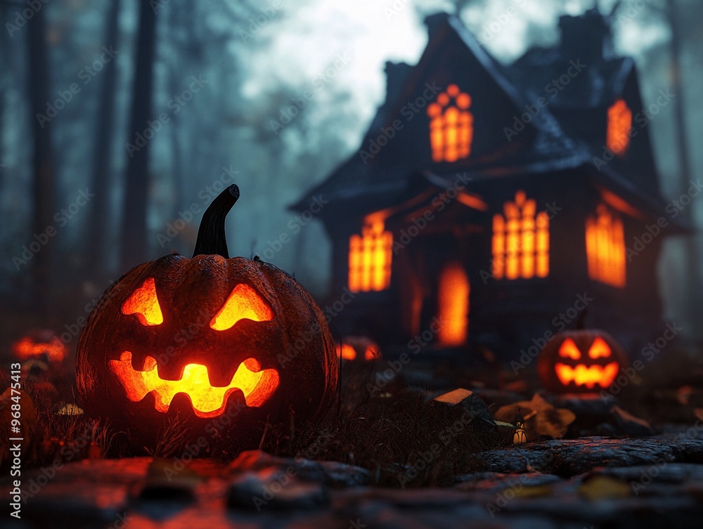 Halloween background with pumpkins and haunted house Halloween background with pumpkins and haunted house