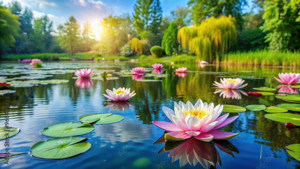 Peaceful pond with blooming water lilies , nature, flowers, plants, pond, tranquility, serene, outdoor, aquatic, calm Peaceful pond with blooming water lilies , nature, flowers, plants, pond, tranquility, serene, outdoor, aquatic, calm