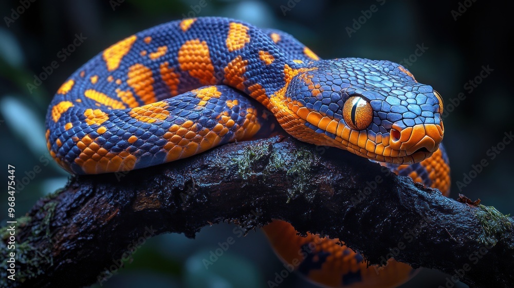 A vibrant snake resting on a branch in a lush environment. A vibrant snake resting on a branch in a lush environment.