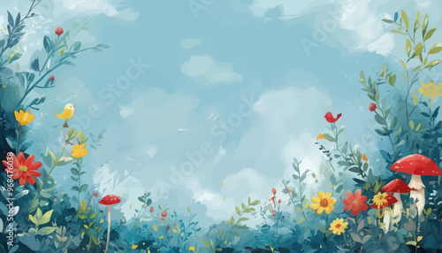 Vibrant Garden Scene with Mushrooms and Flowers