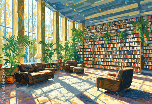 Vibrant Library Interior with Tropical Plants and Bookshelves