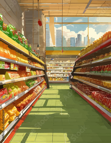 Vibrant Supermarket Aisle with Various Food Items and Shelves