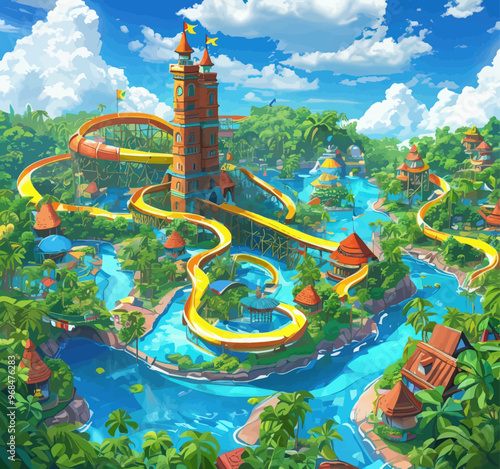 Vibrant Water Park with Slide and Tower
