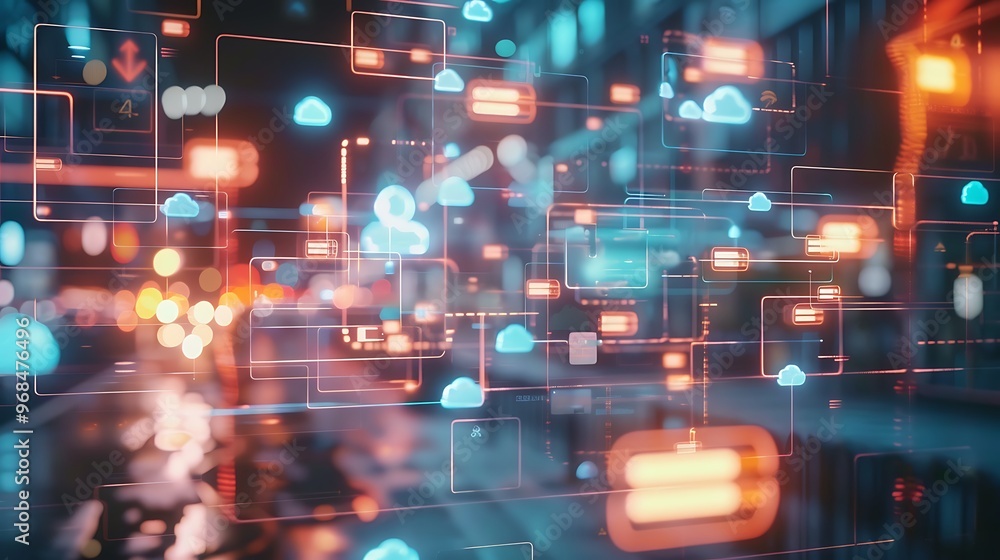 Fototapeta premium Abstract digital network concept with data flow represented by lines and icons. The background is a blurred urban cityscape with neon lights.