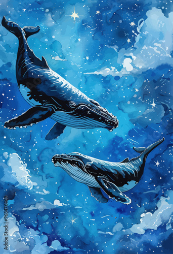 Whale duo soaring in the cosmic sky