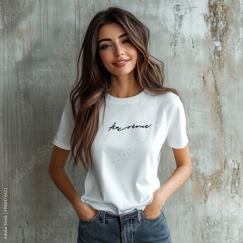 A young woman in a casual white t-shirt poses confidently against a textured background.