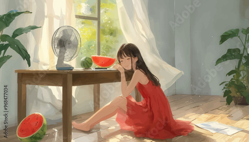 Young girl in red dress sitting on floor, holding watermelon, with fan and curtains in background