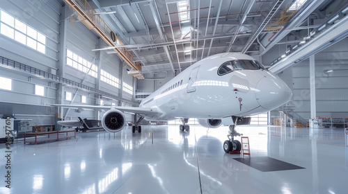 Aircraft Undergoing Maintenance in Industrial Hangar