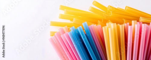 Piles of colorful plastic straws, single-use plastics concept, recycling awareness, high contrast, bold visuals, call to action for environmental responsibility