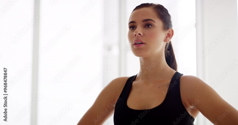 Thinking, fitness and woman with exercise, breathing and workout with ideas, healthy and wellness. Person, peace and girl with training, practice and routine for weight loss, confidence and activity Thinking, fitness and woman with exercise, breathing and workout with ideas, healthy and wellness. Person, peace and girl with training, practice and routine for weight loss, confidence and activity