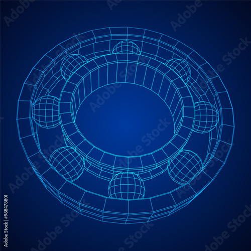 Roller bearing. Circular round rotating bearings used in industry for heavy equipment mechanical work and engineering. Wireframe low poly mesh vector illustration.