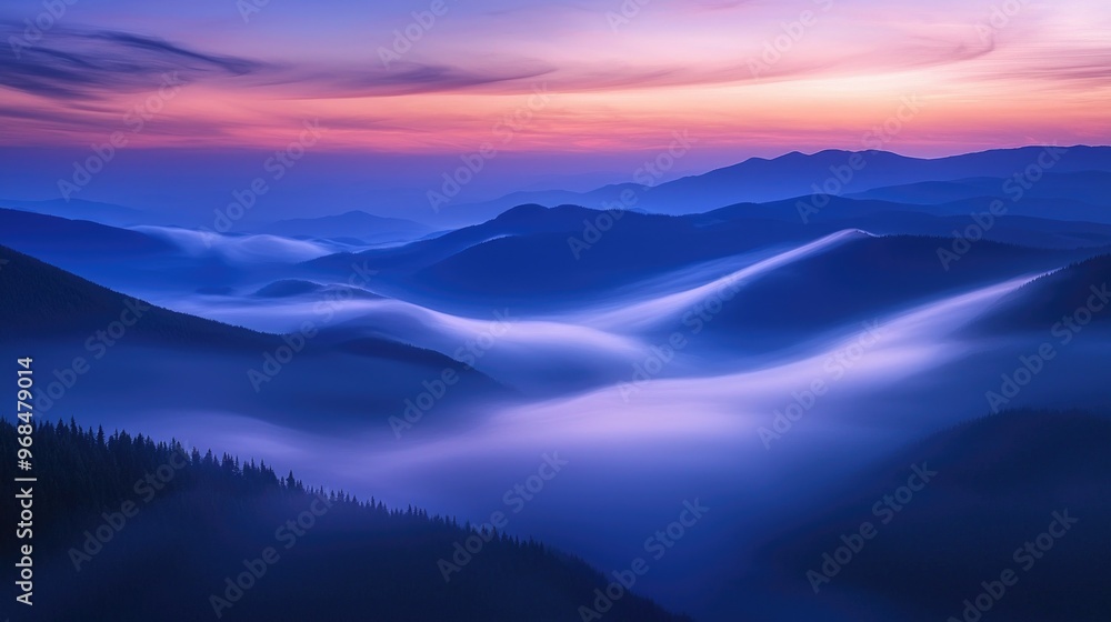 Ethereal mist rolling over misty mountains at dawn Ethereal mist rolling over misty mountains at dawn