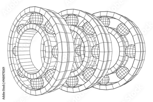 Roller bearing. Circular round rotating bearings used in industry for heavy equipment mechanical work and engineering. Wireframe low poly mesh vector illustration.
