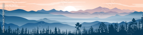 Sunrise in the mountains, forest and fog, panoramic view, vector illustration