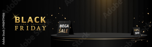 Black Friday Sale concept Stage podium for product display. Modern scene backdrop with Spot light, Price tag. Vector illustration.