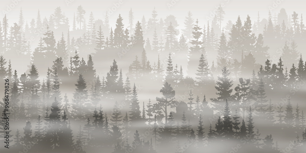 Coniferous forest in the morning fog, landscape in sepia tones, monochrome, vector landscape Coniferous forest in the morning fog, landscape in sepia tones, monochrome, vector landscape