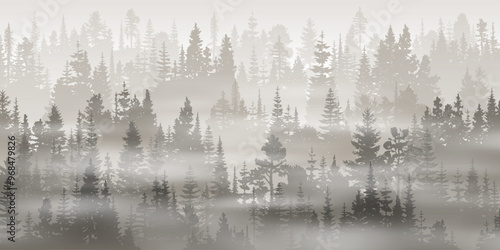 Coniferous forest in the morning fog, landscape in sepia tones, monochrome, vector landscape