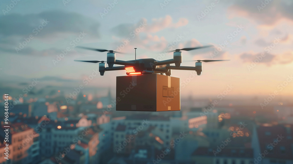 Delivery drone flying over cityscape at sunrise with a package. Delivery drone flying over cityscape at sunrise with a package.