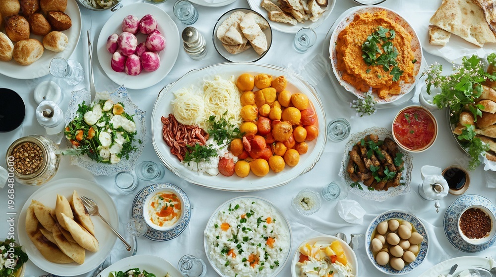 Traditional Middle Eastern Feast: A Table Spread with Diverse Dishes Traditional Middle Eastern Feast: A Table Spread with Diverse Dishes