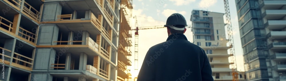 Construction Worker in Hard Hat Standing in Front of New Building Construction Worker in Hard Hat Standing in Front of New Building