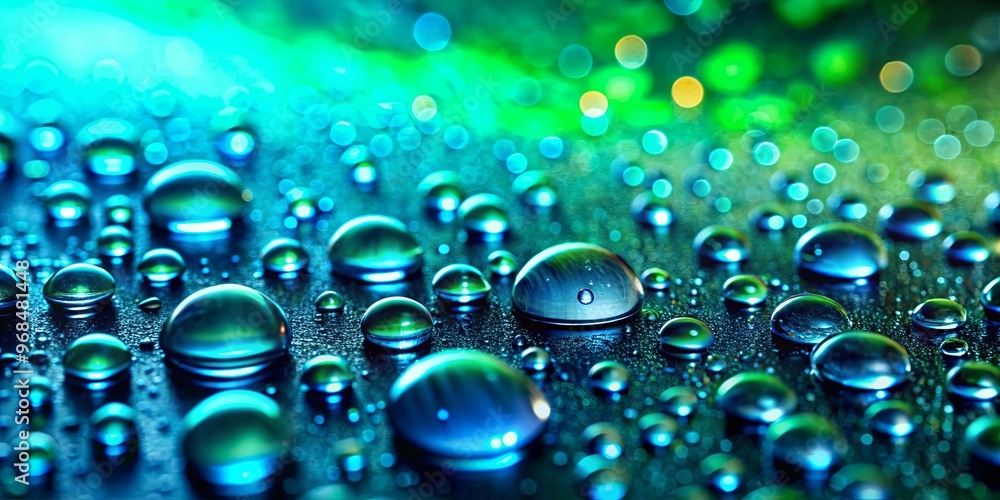 Close up water droplets on blue and green background with black border Close up water droplets on blue and green background with black border